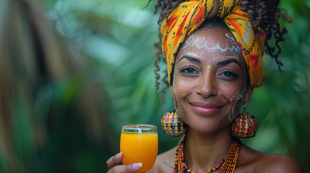 Young woman with colorful makeup is holding a glass of orange juice and smiling in a tropical forestの素材