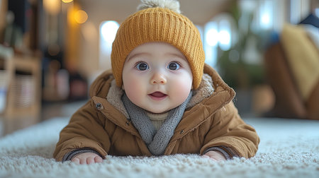 Surprised baby wearing a yellow wool hat and a brown winter coat is lying on a carpetの素材
