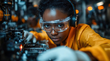 Young female engineer is focused on working on a machine in a factory wearing safety glasses and headphonesの素材