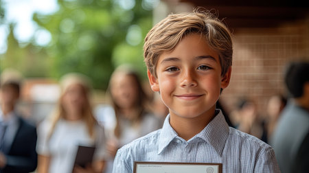 Young boy is holding his diploma and smiling after his elementary school graduation ceremonyの素材