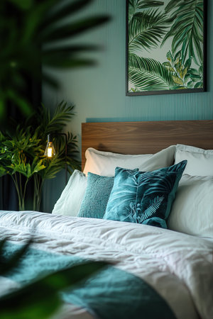 Interior of a modern bedroom featuring tropical theme with green plants and matching cushionsの素材