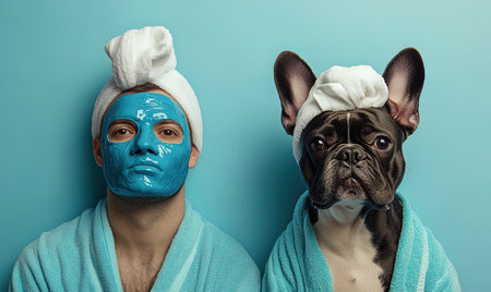 Man and his dog are wearing bathrobes and enjoying a spa day with blue cosmetic face masksの素材
