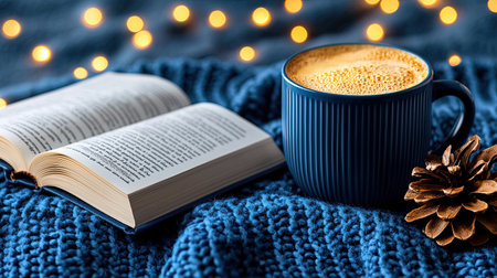 Cup of coffee sits on a blue knit blanket with an open book and pine cone nearbyの素材