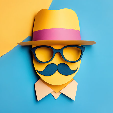 Papercraft character wearing a hat, sunglasses and a mustache on a colorful background representing pop artの素材