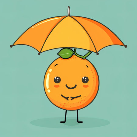 Cute cartoon orange holding an umbrella is standing in the rainの素材