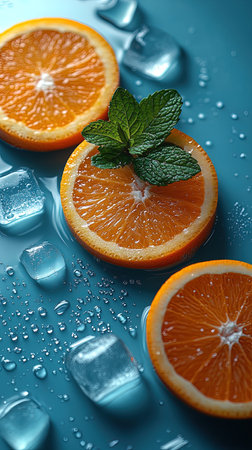 Freshly cut orange slices with ice and mint resting on a vibrant blue background with water dropsの素材