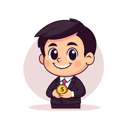 Successful businessman holding a large gold coin, smiling and looking confidentの素材