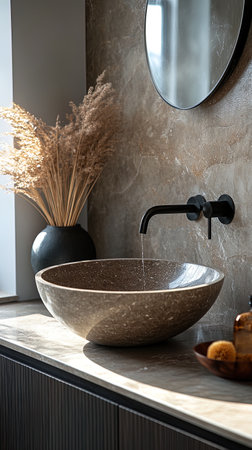 Water is running from a faucet into a stone sink in a modern bathroom with a marble countertopの素材
