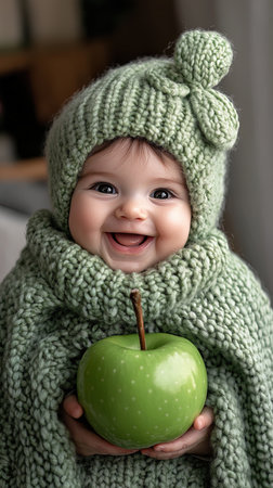 Adorable baby girl is bundled up in a green knit hat and sweater, holding a green apple and smilingの素材