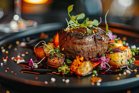 Grilled beef steak with vegetables and sauce lying on a black plateの素材