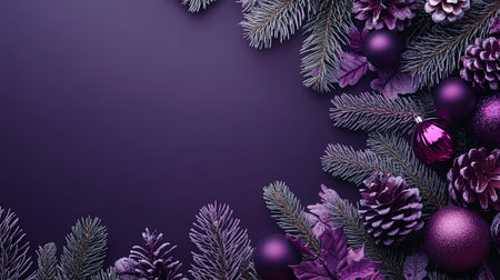 Christmas composition framing with frosted fir branches, purple ornaments and pine cones on matching backgroundの素材