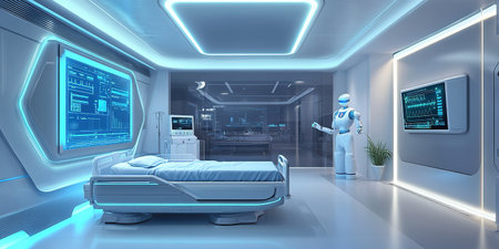 Humanoid robot working in a modern hospital room, showcasing advancements in healthcare technologyの素材