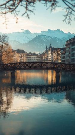 Ai generated scenic view of lucerne city center at sunset with the famous chapel bridge and the snowy mount pilatus in the backgroundの素材