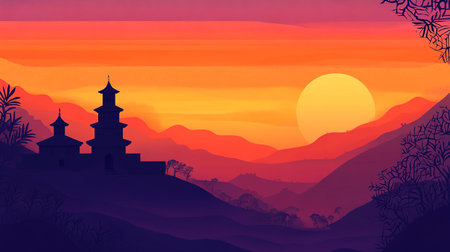 Stylized vector landscape painting showing a temple silhouette over rolling hills at sunset with orange and purple tones. Ai generativeの素材