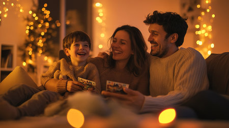Happy family laughing while looking at christmas greeting cards, sitting on a sofa in their cozy home with christmas lights. Ai generativeの素材