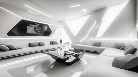 White futuristic living room interior with large modular sofa and monitor showing data. Ai generativeの素材