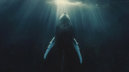 Majestic humpback whale swimming gracefully in the depths of the ocean, illuminated by sunbeams penetrating the surface. Ai generativeの素材