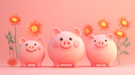 Cheerful Pink Piggy Bank Financial Setの素材