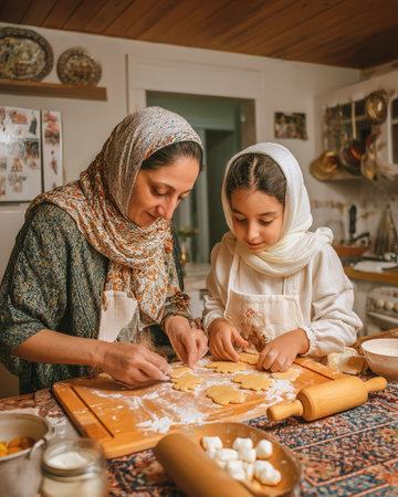 Mother and daughter baking Eid cookiesの素材