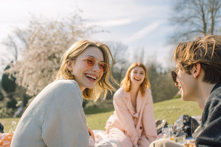Friends enjoying picnic in spring parkの素材