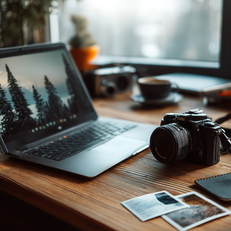 Laptop Camera Wooden Desk Content Creatorの素材