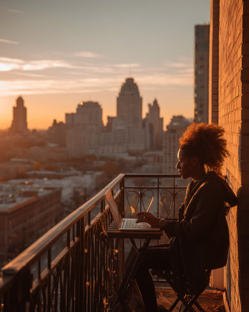 Remote Work on Balcony at Sunsetの素材