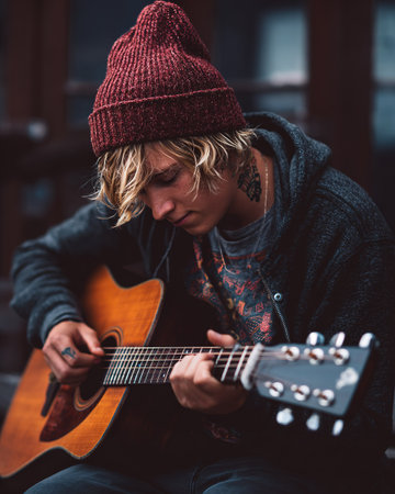 Hipster Playing Guitar at Homeの素材