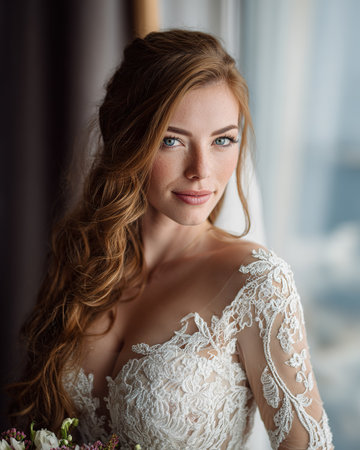 Bride Standing by Bright Windowの素材