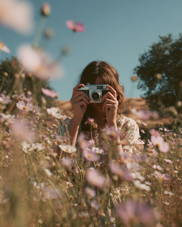 Woman Photographing Daylight Wildflowersの素材