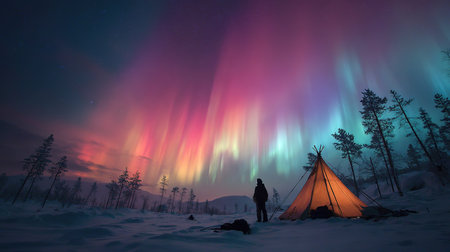 Traveler Watching Northern Lights Campの素材