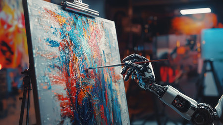 AI Artist Painting in Futuristic Studioの素材