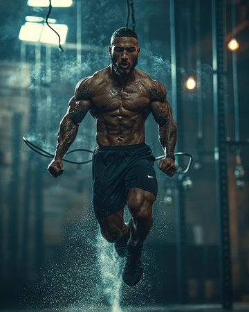 Intense Jump Rope Athlete in Gymの素材