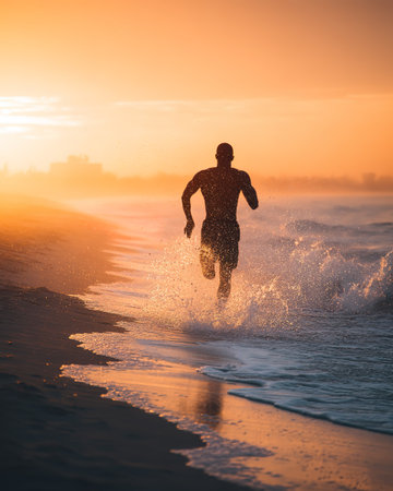 Sprinting Man on Sunrise Beachの素材