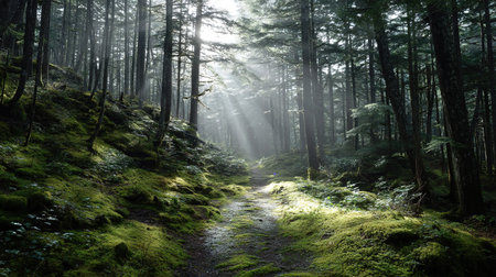 Sunlight Through Mossy Forest Pathの素材