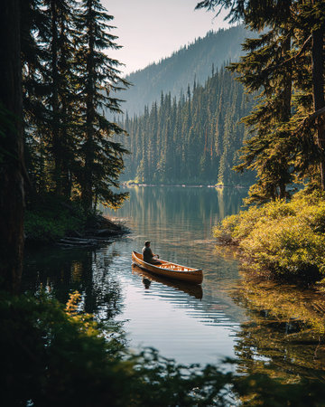 Canoe Man On Lake In Forestの素材