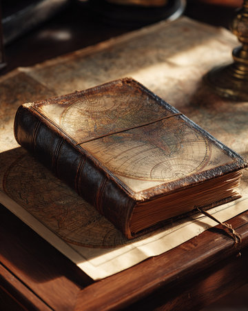 Leather Book With Map On Tableの素材