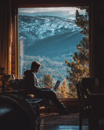 Freelancer With Laptop Mountain Viewの素材