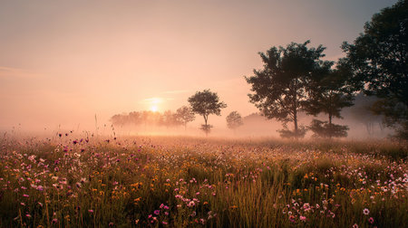 Misty Sunrise Over Flower Fieldの素材