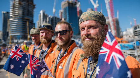 Construction crew with flags smiling in Sydney, Labour Day atmosphere, skyline in backgroundの素材