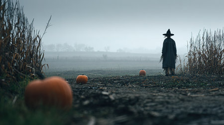Eerie farmland with scarecrow, pumpkins, cinematic fog, autumn atmosphere, rural Quebec Halloweenの素材