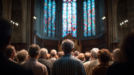 Protestant choir sings harmoniously in church, stained glass light enhances spiritual unityの素材