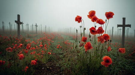 Old Belgian war graveyard with fog and poppies, peaceful tribute to fallen WWI soldiersの素材