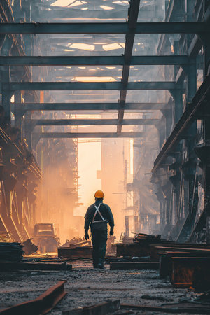 Dusty industrial environment with worker walking through steel beams in large construction zone.の素材