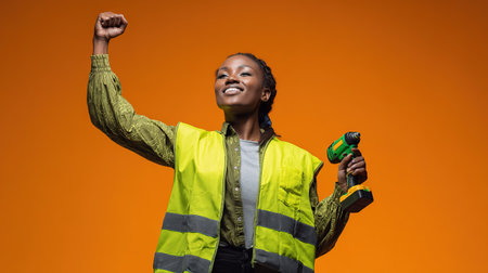Woman in safety vest holding drill, studio shot honoring Labour Day female empowerment.の素材
