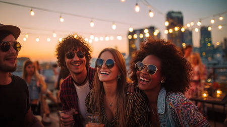 Group of friends enjoying rooftop party, string lights glowing, city skyline in background night.の素材