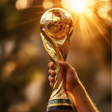 Dramatic illustration of victory hands lifting golden World Cup trophy with glowing light effect.の素材