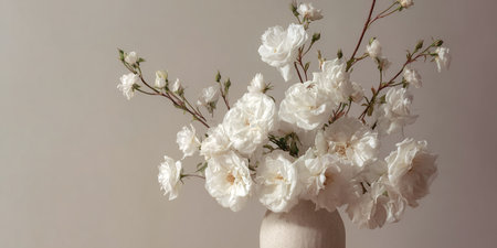 Simple composition showcasing white floral arrangement over a plain, clean white backdrop.の素材