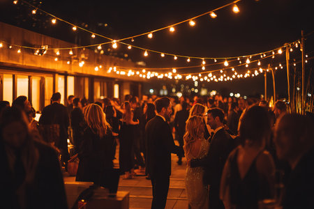 Guests dancing under string lights during villa rooftop party with luxury ambiance and music.の素材