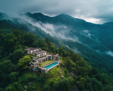 Wide drone shot of mountain retreat villa with infinity pool and fog covered misty peaks.の素材