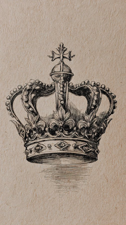 Ornamental hand sketched crown illustration with classic vintage elements and elegant royal detail.の素材